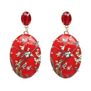 Elegant Floral Bird Printed Resin Drop Earrings Red